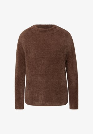 Hnědý dlouhý rukáv teplý svetr s kulatým výstřihem, vyrobený z měkké a huňaté texturované látky.