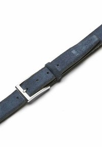 Navy blue leather belt with a suede texture, featuring silver metal buckle and prong; multiple holes for size adjustment.