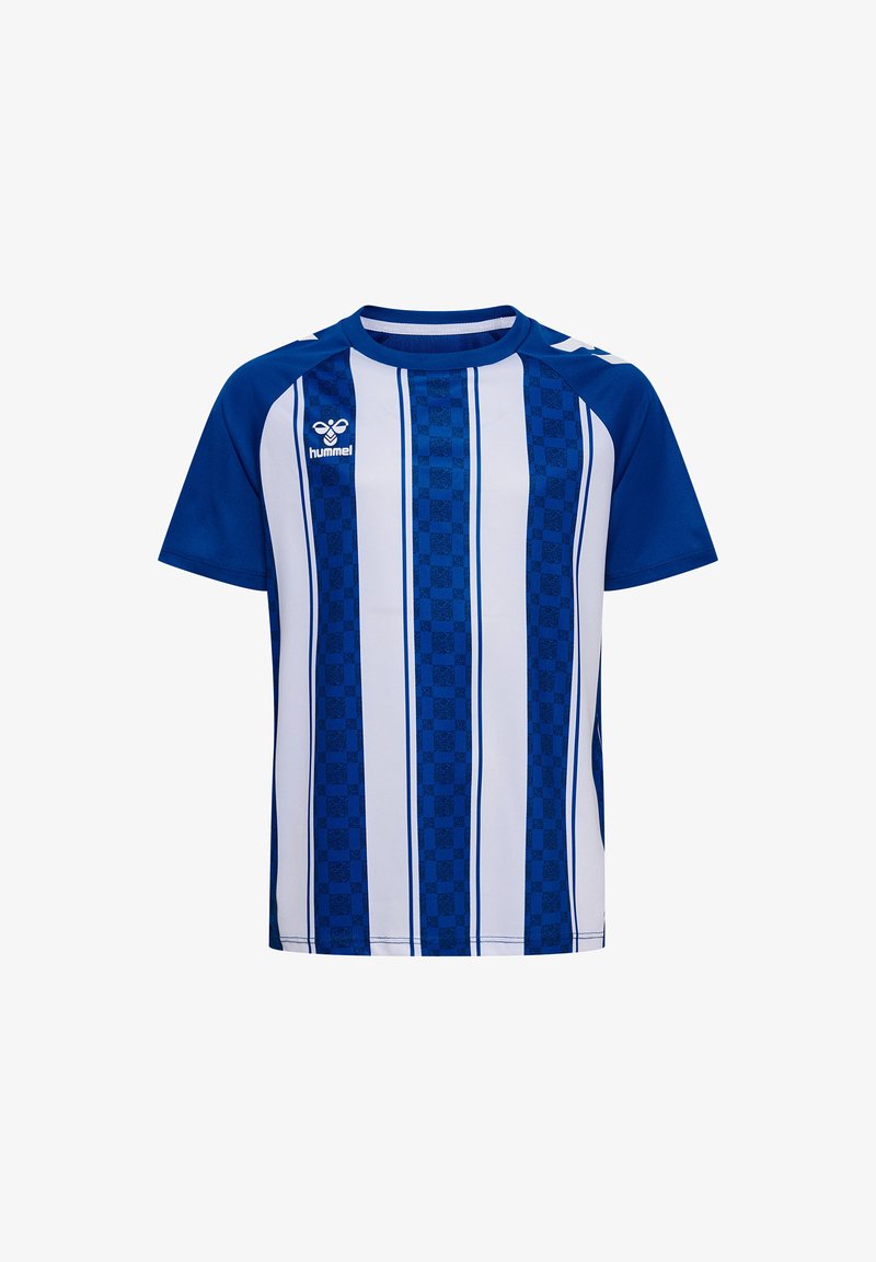 Blauw-witte korte mouw sportshirt met verticale strepen, geruit patroon, ronde hals en Hummel-logo op borst en schouders.