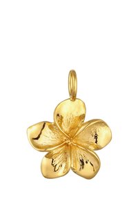 Goldener Blumenanhänger mit fünf Blütenblattformen, polierten und strukturierten Oberflächen, zentraler Verbindungsschlaufe zur Befestigung, reflektierendes Finish.