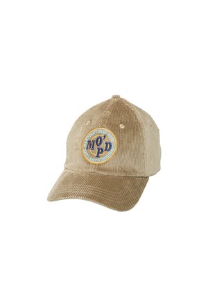 Casquette de baseball en velours côtelé beige avec un patch rond présentant un texte bleu et jaune centré sur le panneau avant.