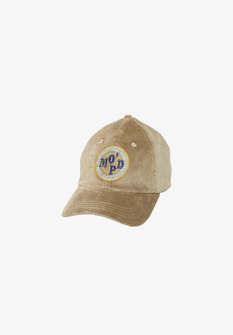 Casquette de baseball en velours côtelé beige avec un patch rond présentant un texte bleu et jaune centré sur le panneau avant.