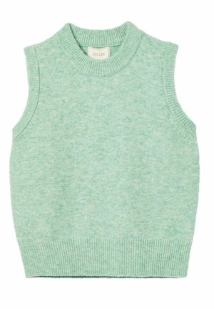 Helles grünes ärmelloses Sweatshirt aus weichem, strukturiertem Strickstoff. Verfügt über einen gerippten Rundhalsausschnitt und Saum, ohne sichtbare Verschlüsse.