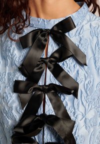 Svetlo modra teksturirana tkanina z rožnatim vzorcem, ki vsebuje štiri velike črne satenske pentlje, ki so vezane navpično po hrbtu.