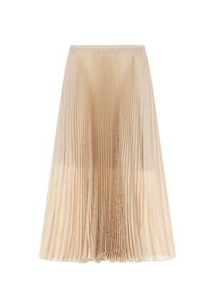 Gonna midi plissettata in beige chiaro. Presenta pieghe verticali, elastico in vita e un design fluido. Tessuto leggero e trasparente.