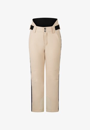 Beżowe spodnie z czarnymi panelami bocznymi, z wysokim stanem, dwoma przednimi kieszeniami i dwoma zapięciami na guziki z przodu.
