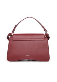 borsa a mano in pelle color bordeaux con design strutturato, dotata di manico superiore, tracolla regolabile e dettaglio logo discreto sulla parte anteriore.