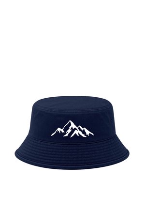 Navy blue bucket hat with a white mountain range design on the front, featuring a wide, stitched brim and ventilation holes.