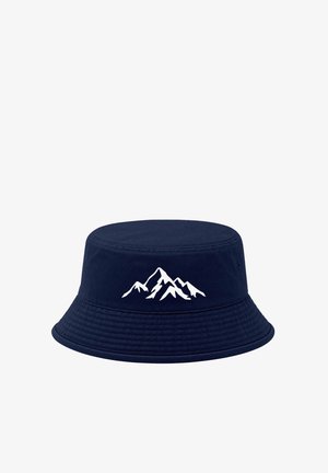 Navy blue bucket hat with a white mountain range design on the front, featuring a wide, stitched brim and ventilation holes.