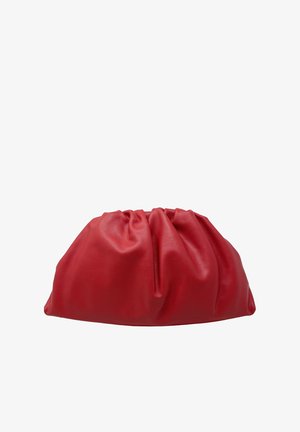 Red leather clutch bag with a gathered design, soft texture, and rounded shape. The material has a smooth finish with subtle sheen.