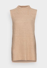 Top en maille côtelée sans manches beige avec un col haut et des fentes sur les côtés, présentant une texture douce et une silhouette décontractée.