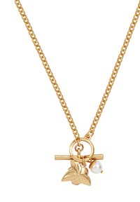Gold chain necklace with toggle clasp featuring a gold leaf charm and a small white pearl charm on a white background.