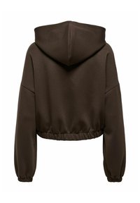 Sweat à capuche court marron foncé avec manches longues et poignets élastiques, montré de dos sur fond blanc.