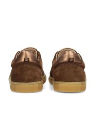 Zapatillas de ante marrón con un diseño de perfil bajo, que presentan un acabado metálico bronce en el talón y una suela de goma transparente.