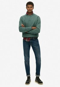 Zielona bluza z okrągłym dekoltem, niebieskie dżinsy i czarne sznurowane buty. Nałożona na to czerwona koszula w kratę pod bluzą.