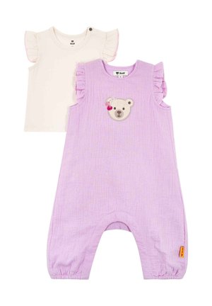 Purple cotton romper with ruffled shoulder accents, featuring a bear embroidery and cherry detail. Includes a cream shirt with ruffled sleeves.