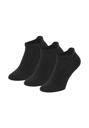Three pairs of black low-cut ankle socks arranged side by side on a white background.