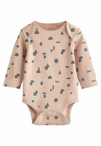 Bodysuit za dojenčke z dolgimi rokavi iz mehkega breskevnega blaga z modrimi geometrijskimi vzorci. Ima zaponke na dnu za enostavno oblačenje.