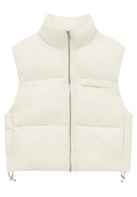 Leichte, ärmellose Weste aus cremefarbigem Stoff, mit hohem Kragen, Frontreißverschluss und kleiner linker Tasche mit Kordelzugsaum.