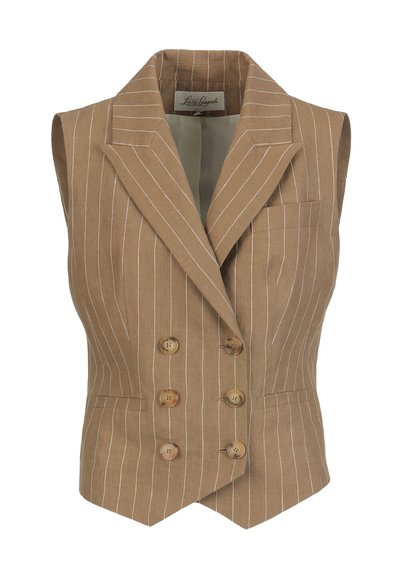 Ujjatlan, világosbarna árnyéksávos mellény széles hajtókával, kétsoros gombolással és első zsebekkel.