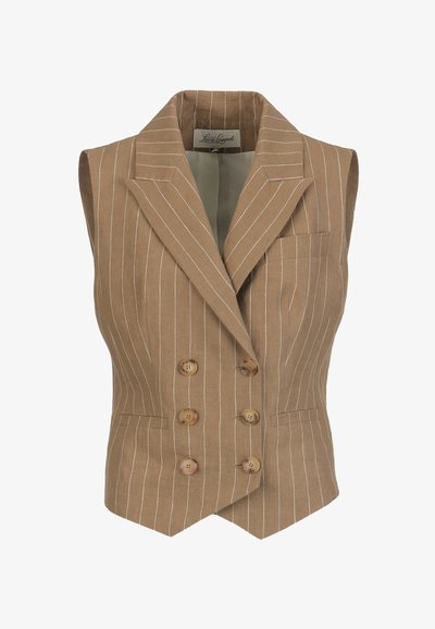 Ujjatlan, világosbarna árnyéksávos mellény széles hajtókával, kétsoros gombolással és első zsebekkel.