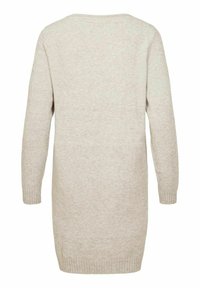 Robe pull en tricot beige clair avec manches longues, poignets et ourlet côtelés. Texture lisse, coupe droite, offrant une coupe décontractée.