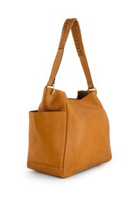 Braune Leder-Umhängetasche mit geflochtenem Griff, strukturierter Form, Seitentasche und goldenen Hardware-Akzenten. Glatte Oberfläche mit minimalen Nähten.