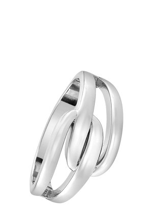 Silver intertwined ring featuring smooth, polished surfaces and a modern, minimalist design with a rounded shape. No patterns or accents.