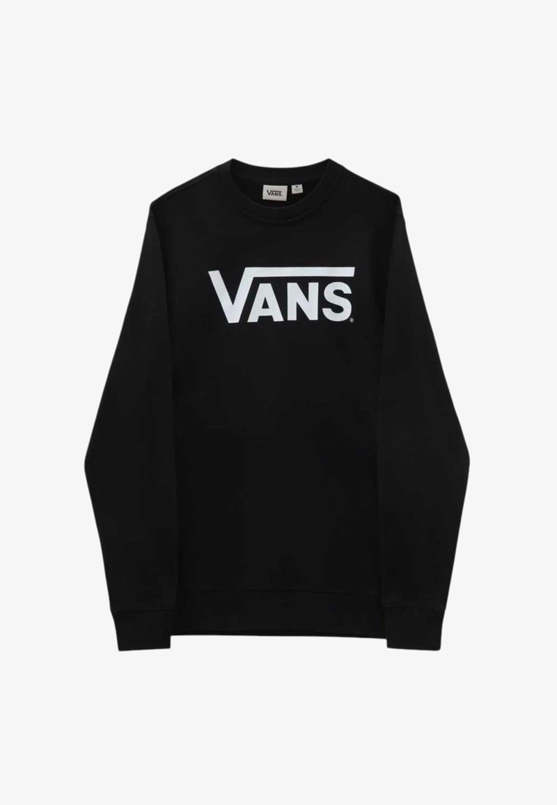 Sudadera negra de cuello redondo hecha de algodón, con un gran logo blanco de "VANS" en el pecho. Manga larga con puños y cintura acanalados.