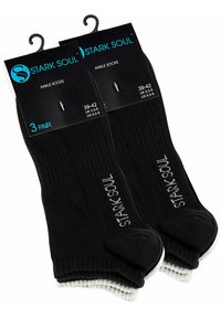 Calze alla caviglia nere con texture a costine, confezionate in un set di tre paia. Presentano una banda bianca sul risvolto, con la scritta "STARK SOUL" stampata in bianco.