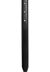 Black leather belt with a smooth texture, tapered shape, and five adjustable holes for sizing. Features a polished finish.