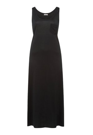 Vestito lungo nero senza maniche con scollatura a barca e piccola tasca sul petto, vestibilità dritta, mostrato su sfondo bianco.