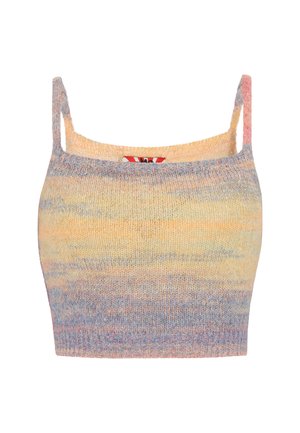 Gebreide crop top met dunne bandjes, met een verloop van zachte pastelkleuren in geel, blauw en roze, en een gestructureerde stof.