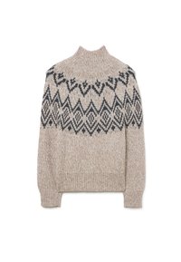 Maglione lavorato a maglia beige con collo alto, caratterizzato da un motivo geometrico nero sul petto. Finitura testurizzata con polsini e orlo a coste.