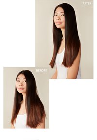 Images avant et après de cheveux : la section supérieure montre de longs cheveux lisses et noirs avec un subtil ombrage brun ; la section inférieure montre des cheveux plus frisés et moins soignés.