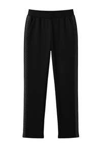 Black athletic pants with a stretchy waistband, featuring side pockets and a decorative patterned stripe along each leg.