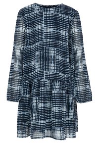 Långärmad klänning i lättviktigt tyg, med ett rutigt mönster i marinblått och ljusblått, rund halsringning och lager-på-lager volangslut.