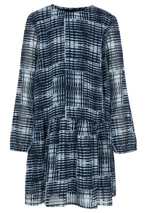 Šaty s dlouhými rukávy vyrobené z lehké tkaniny, s námořnickou a světle modrou kostkovanou vzorovou úpravou, kulatým výstřihem a vrstveným volánkovým lemem.