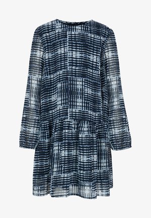 Šaty s dlouhými rukávy vyrobené z lehké tkaniny, s námořnickou a světle modrou kostkovanou vzorovou úpravou, kulatým výstřihem a vrstveným volánkovým lemem.