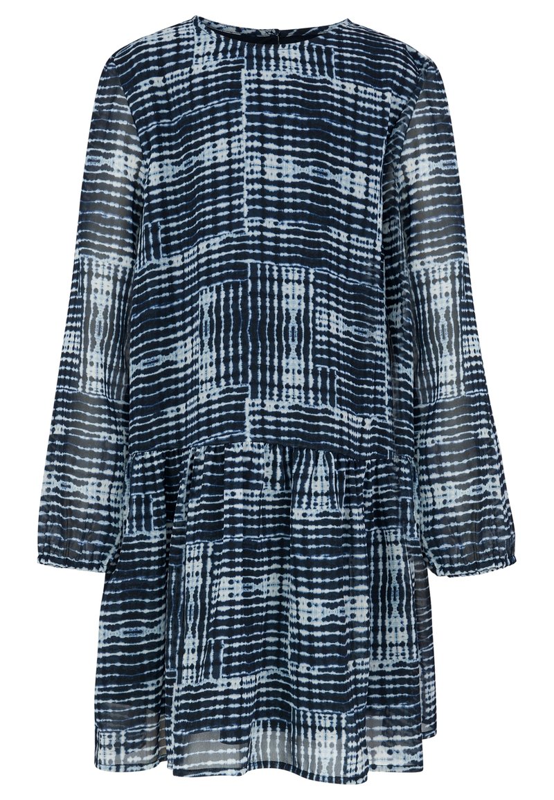 Långärmad klänning i lättviktigt tyg, med ett rutigt mönster i marinblått och ljusblått, rund halsringning och lager-på-lager volangslut.