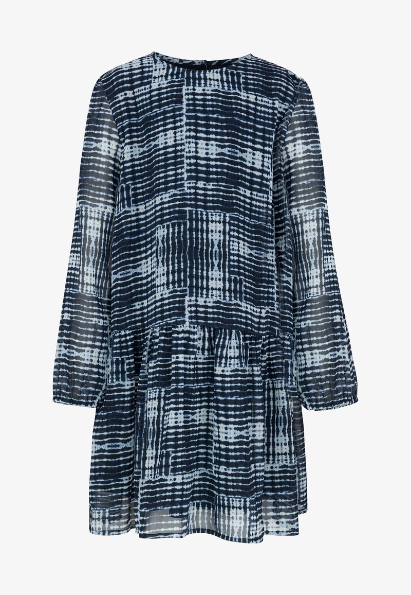 Långärmad klänning i lättviktigt tyg, med ett rutigt mönster i marinblått och ljusblått, rund halsringning och lager-på-lager volangslut.