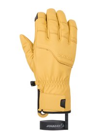 Gelbe Skihandschuhe mit einer strukturierten Lederoberfläche, elastischem Bündchen, schwarzen Akzenten und einem sicheren Riemen am Handgelenk. Mit einem Design für fünf Finger.