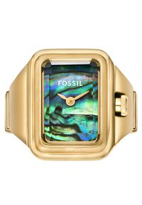 Zlato obarvan pravokotna ura z barvnim abalone številčnico, ki ima dve zlati kazalci, ime blagovne znamke "Fossil" in teksturiran kovinski pas.