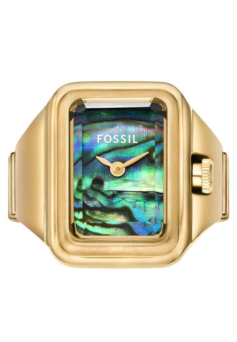 Zlato obarvan pravokotna ura z barvnim abalone številčnico, ki ima dve zlati kazalci, ime blagovne znamke "Fossil" in teksturiran kovinski pas.