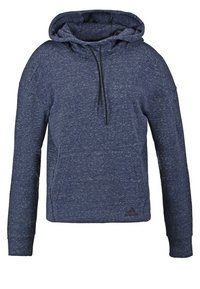 Sweat à capuche bleu marine en tissu texturé. Comprend une poche avant, des cordons de serrage et un petit logo sur l'ourlet inférieur.