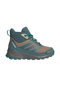 Hiking boots featuring a mid-top design, turquoise and tan color scheme, mesh upper, reinforced toe, and textured rubber sole.