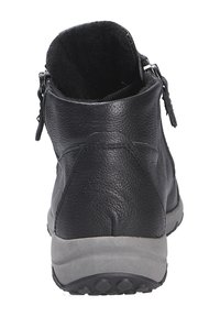 Schwarze Leder-Ankle-Boots mit strukturierter Oberfläche, ausgestattet mit einer grauen Gummisohle und einem seitlichen Reißverschluss für einfachen Zugang.