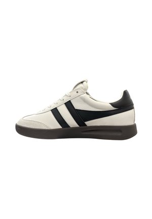 White leather sneaker with black accents and stripes, featuring a textured toe cap and a rubber sole. Laced design and cushioned heel.