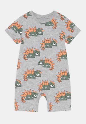 Szary krótkosleeve rompers z powtarzającym się wzorem dinozaurów w zielonym i pomarańczowym kolorze, z zapięciem na zatrzask na dole, co ułatwia ubieranie.