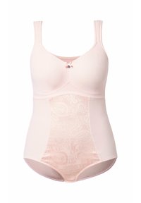 Hellrosa einteiliges Shapewear mit gepolsterten Cups, breiten Trägern, kleinem Schleifchen mit Anhänger in der Mitte und Spitzen-Paisley-Muster auf der Vorderseite.